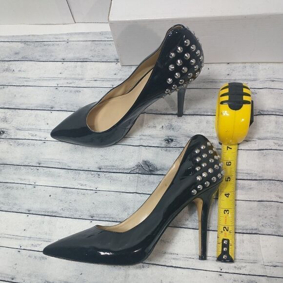 Andrew Stevens SZ 9M Patent Black Studded Stiletto  Biker Heels - Picture 9 of 11